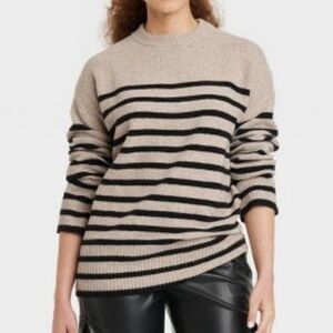 A New Day Target Sweater Crew Neck Tunic Long Sleeve Cream Tan Black Striped XL
